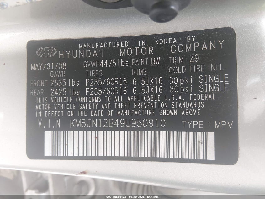 2009 Hyundai Tucson Limited VIN: KM8JN12B49U950910 Lot: 45661139