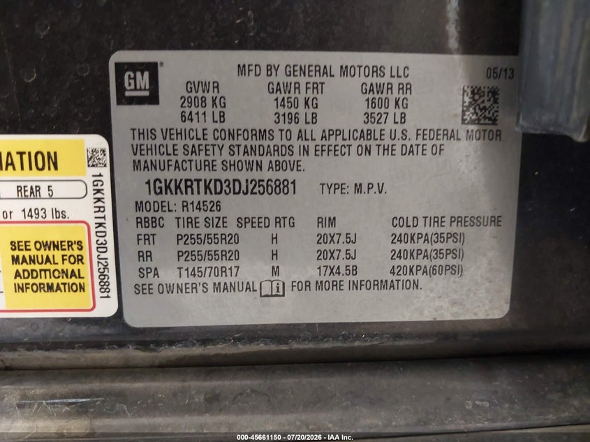 2013 GMC Acadia Denali VIN: 1GKKRTKD3DJ256881 Lot: 45661150
