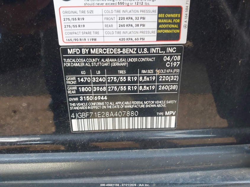 2008 Mercedes-Benz Gl-Class 4.6L VIN: 4JGBF71E28A407880 Lot: 45661156