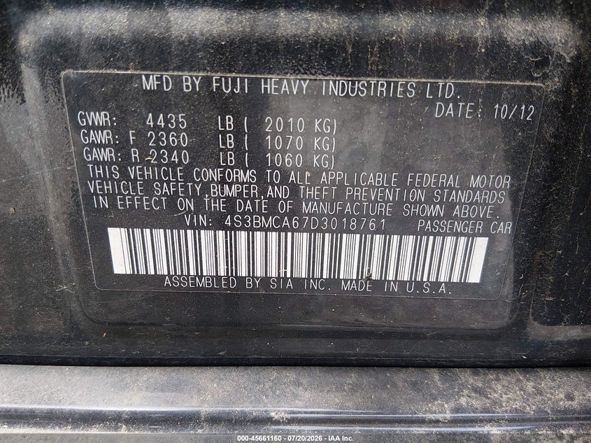 2013 Subaru Legacy 2.5I VIN: 4S3BMCA67D3018761 Lot: 45661160