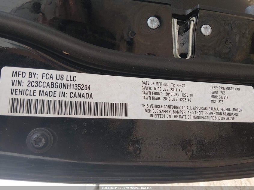 2022 Chrysler 300 S VIN: 2C3CCABG0NH135264 Lot: 45661165
