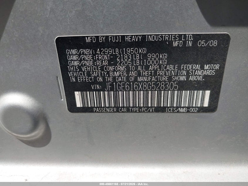 2008 Subaru Impreza (Natl) I W/Premium Pkg VIN: JF1GE616X8G528305 Lot: 45661168