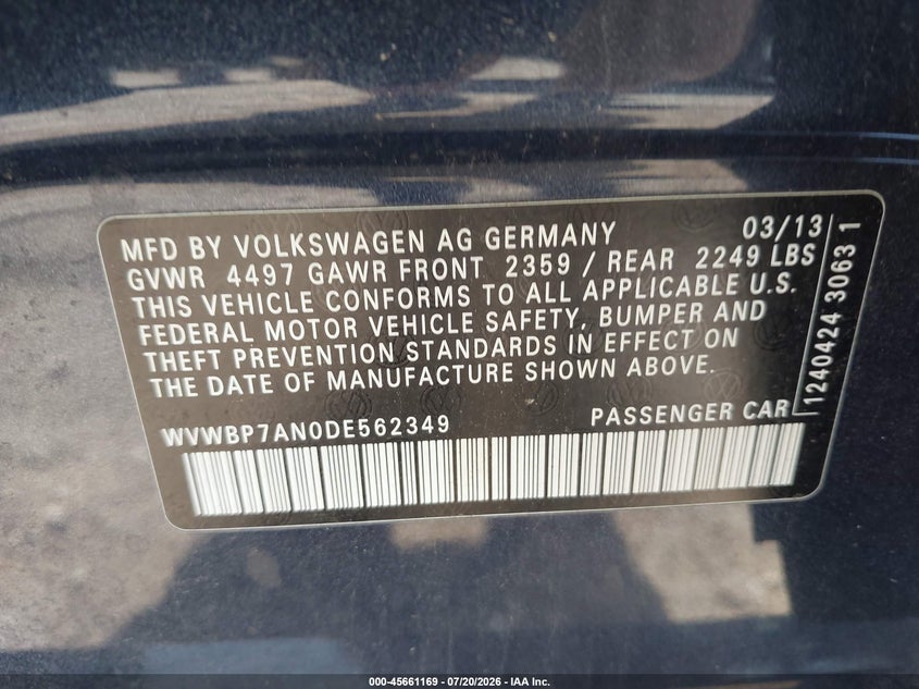 2013 Volkswagen Cc 2.0T Sport VIN: WVWBP7AN0DE562349 Lot: 45661169