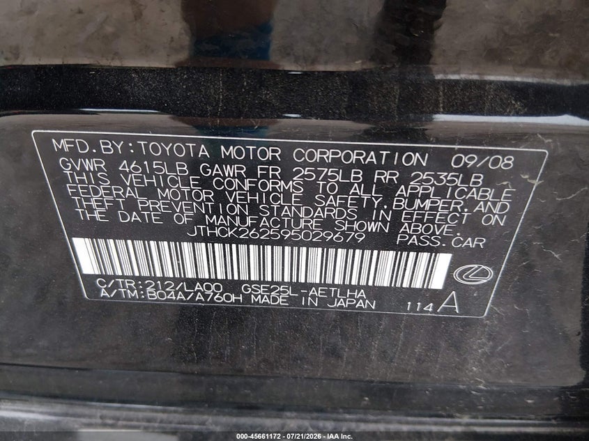 2009 Lexus Is 250 VIN: JTHCK262595029679 Lot: 45661172