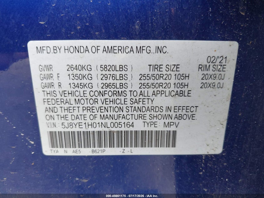 2022 Acura Mdx A-Spec Package VIN: 5J8YE1H01NL005164 Lot: 45661175