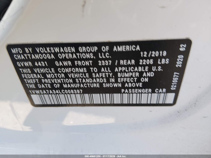 2020 Volkswagen Passat 2.0T Se VIN: 1VWSA7A34LC008397 Lot: 45661200