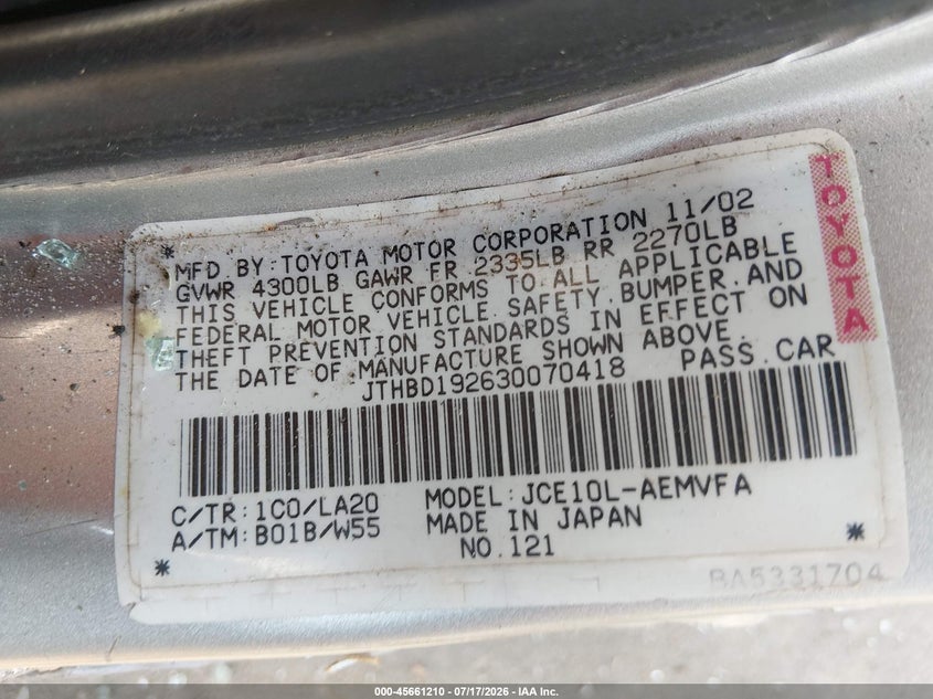 2003 Lexus Is 300 Base W/5-Speed Manual VIN: JTHBD192630070418 Lot: 45661210