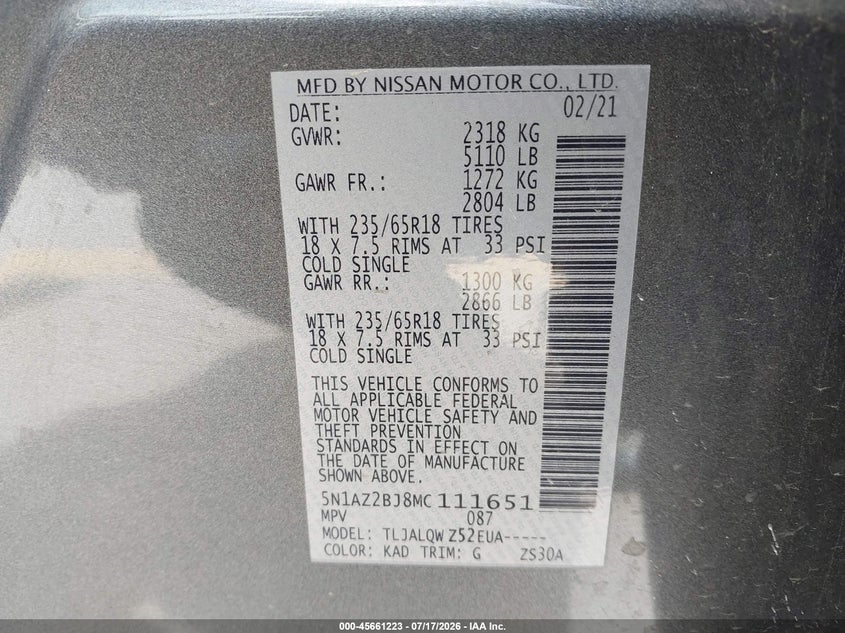 2021 Nissan Murano Sv Fwd VIN: 5N1AZ2BJ8MC111651 Lot: 45661223