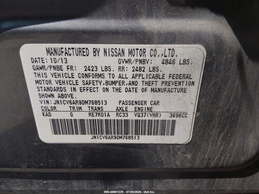 2013 Infiniti G37X VIN: JN1CV6AR9DM768513 Lot: 45661229