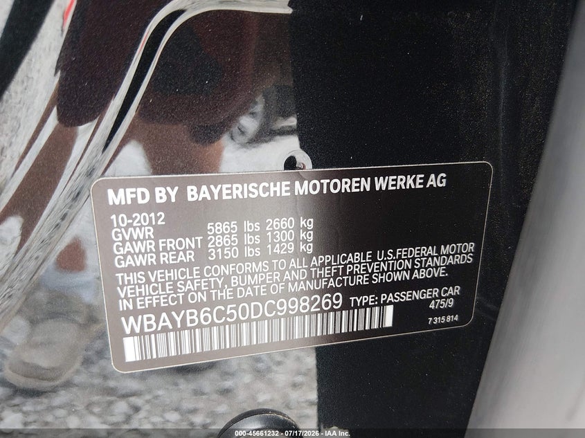 2013 BMW 750I xDrive VIN: WBAYB6C50DC998269 Lot: 45661232