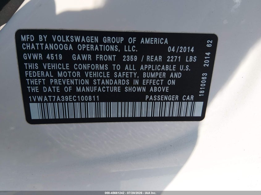 2014 Volkswagen Passat 1.8T Wolfsburg Edition VIN: 1VWAT7A39EC100811 Lot: 45661242