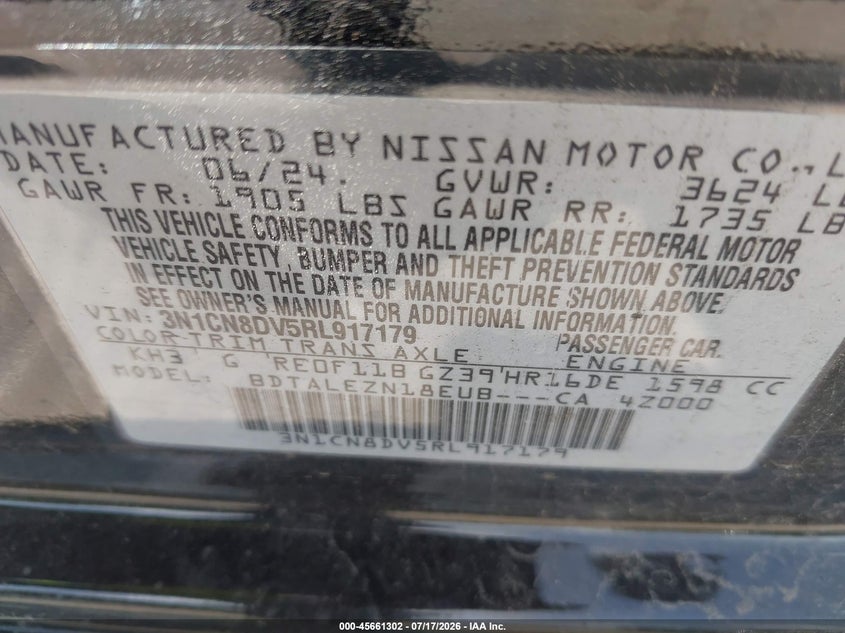 2024 Nissan Versa 1.6 S VIN: 3N1CN8DV5RL917179 Lot: 45661302