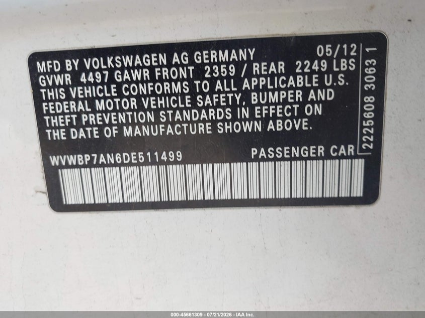 2013 Volkswagen Cc 2.0T Sport Plus VIN: WVWBP7AN6DE511499 Lot: 45661309