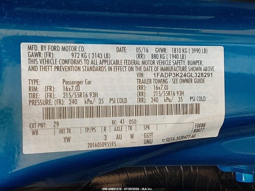 2016 Ford Focus Se VIN: 1FADP3K24GL328291 Lot: 45661316
