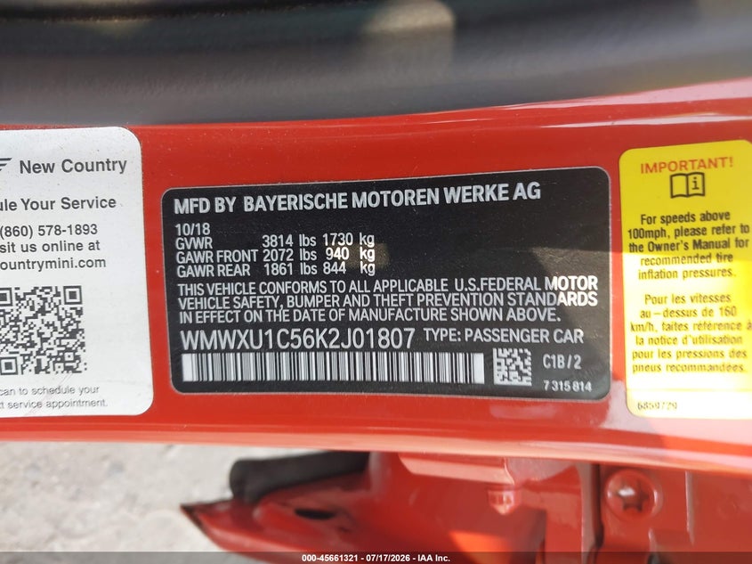 2019 Mini Hardtop Cooper VIN: WMWXU1C56K2J01807 Lot: 45661321