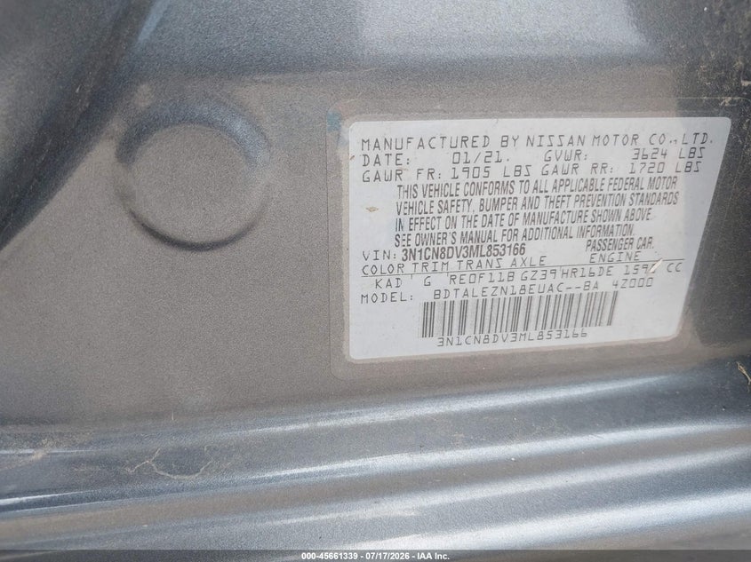 2021 Nissan Versa S Xtronic Cvt VIN: 3N1CN8DV3ML853166 Lot: 45661339