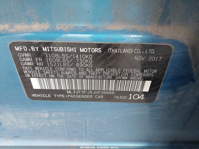 2018 Mitsubishi Mirage G4 Es VIN: ML32F3FJ5JHF06666 Lot: 45661346