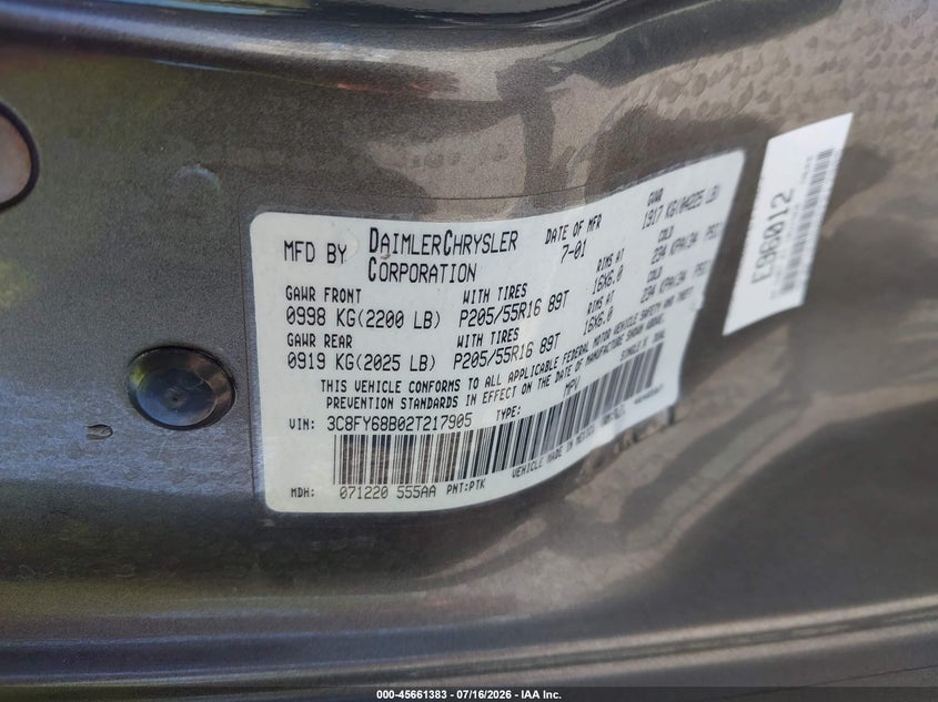 2002 Chrysler Pt Cruiser Limited VIN: 3C8FY68B02T217905 Lot: 45661383