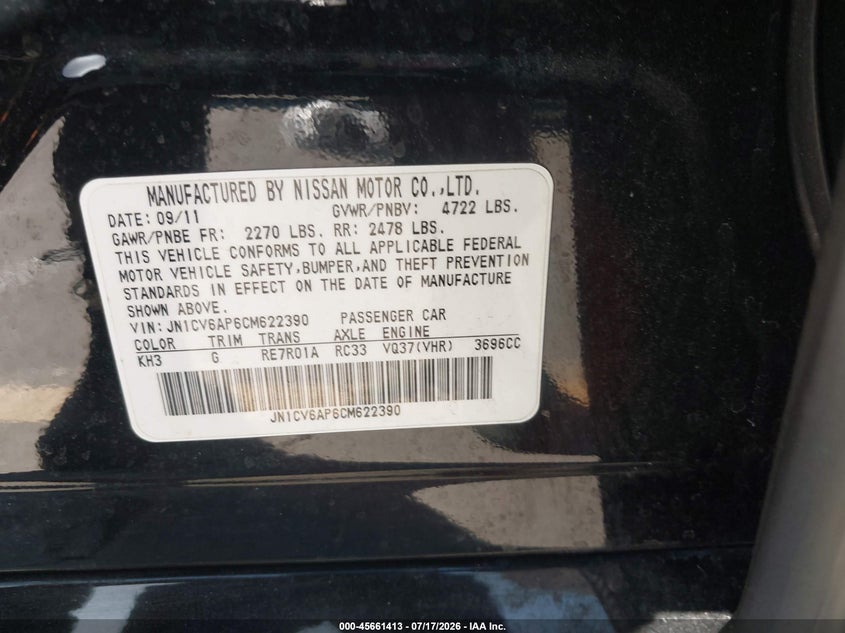 2012 Infiniti G37 Journey VIN: JN1CV6AP6CM622390 Lot: 45661413