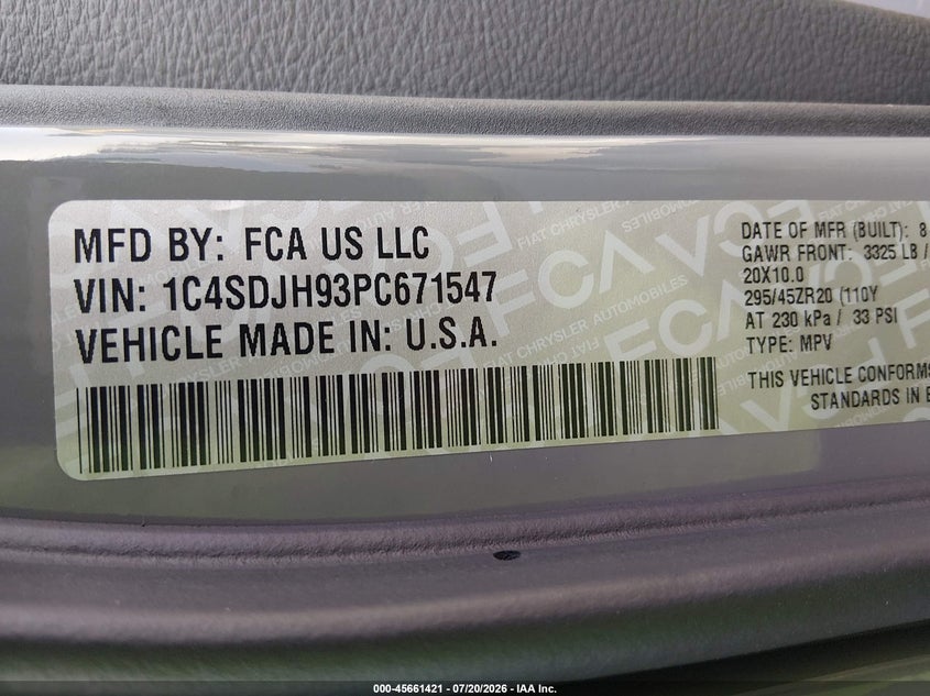 2023 Dodge Durango Srt Hellcat Plus Awd VIN: 1C4SDJH93PC671547 Lot: 45661421