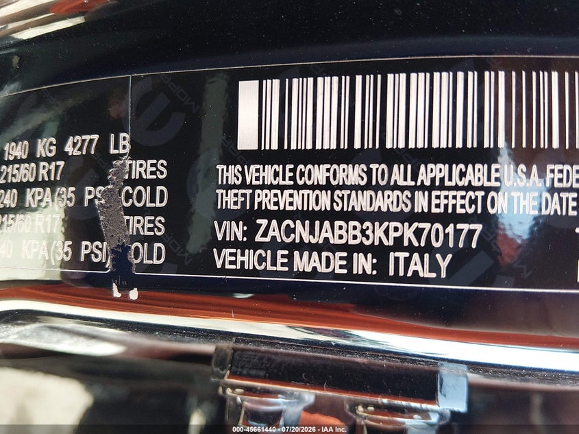 2019 Jeep Renegade Latitude Fwd VIN: ZACNJABB3KPK70177 Lot: 45661440