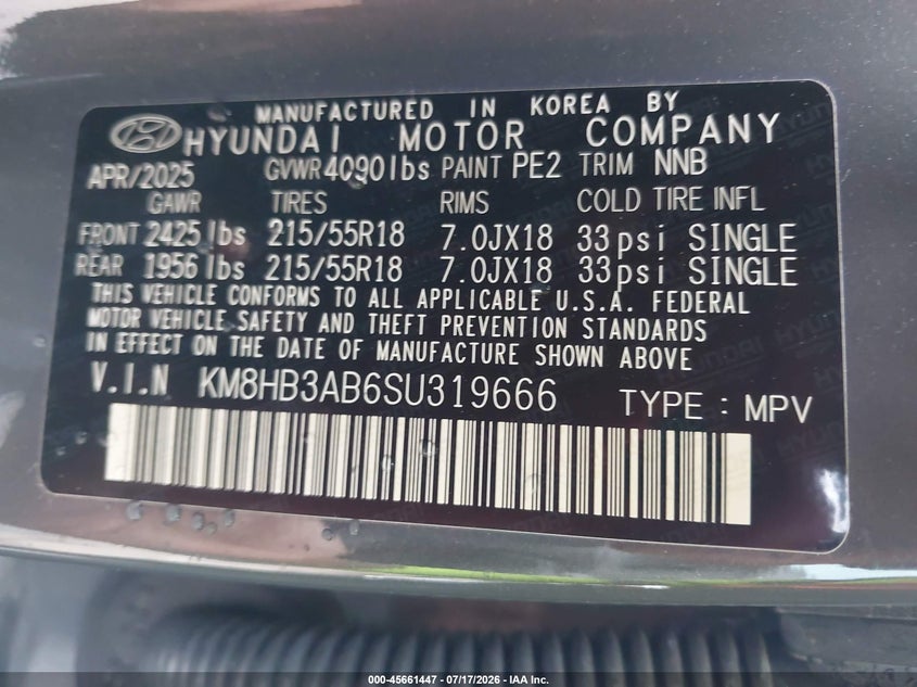 2025 Hyundai Kona Sel VIN: KM8HB3AB6SU319666 Lot: 45661447