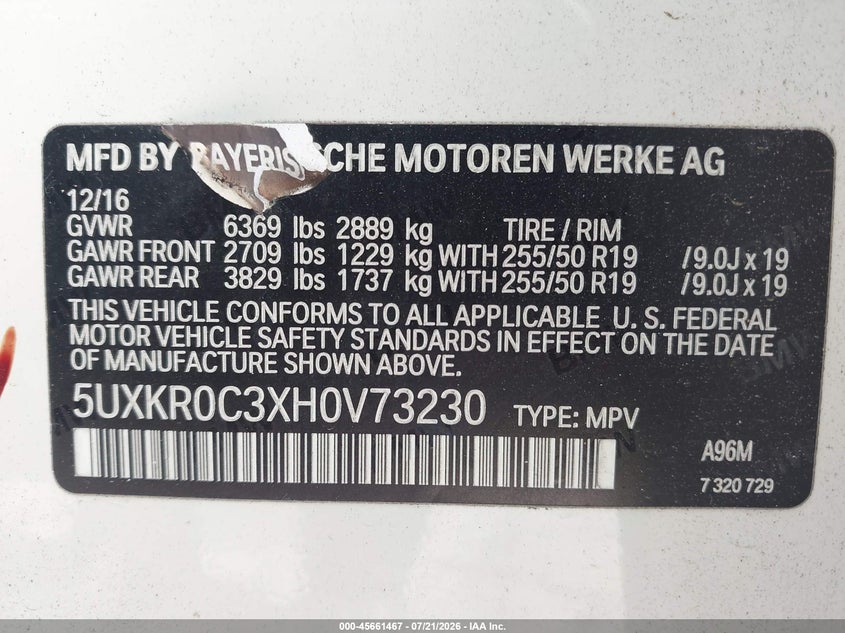 2017 BMW X5 xDrive35I VIN: 5UXKR0C3XH0V73230 Lot: 45661467
