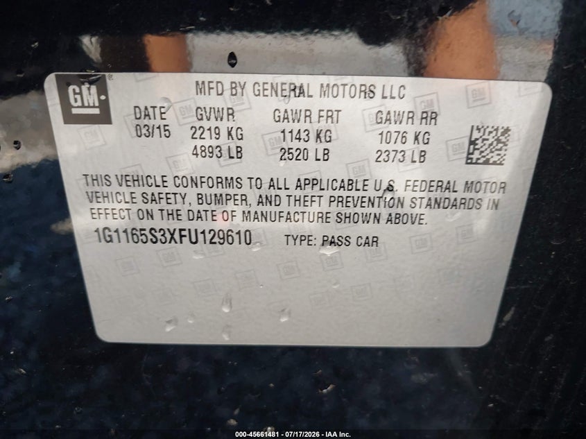 2015 Chevrolet Impala 2Lz VIN: 1G1165S3XFU129610 Lot: 45661481