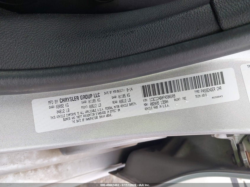 2015 Chrysler 200 Limited VIN: 1C3CCCAB0FN580209 Lot: 45661482