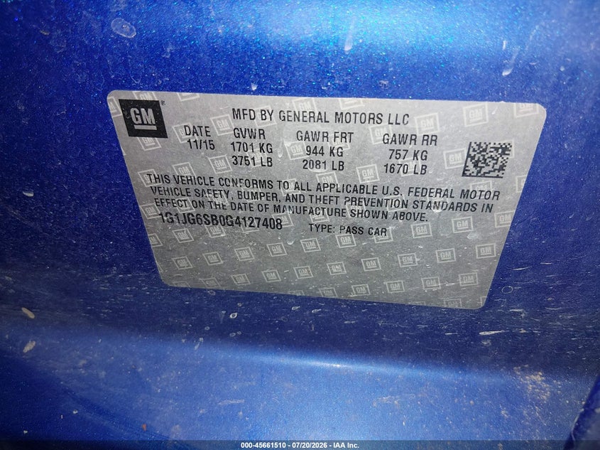 2016 Chevrolet Sonic Rs Auto VIN: 1G1JG6SB0G4127408 Lot: 45661510