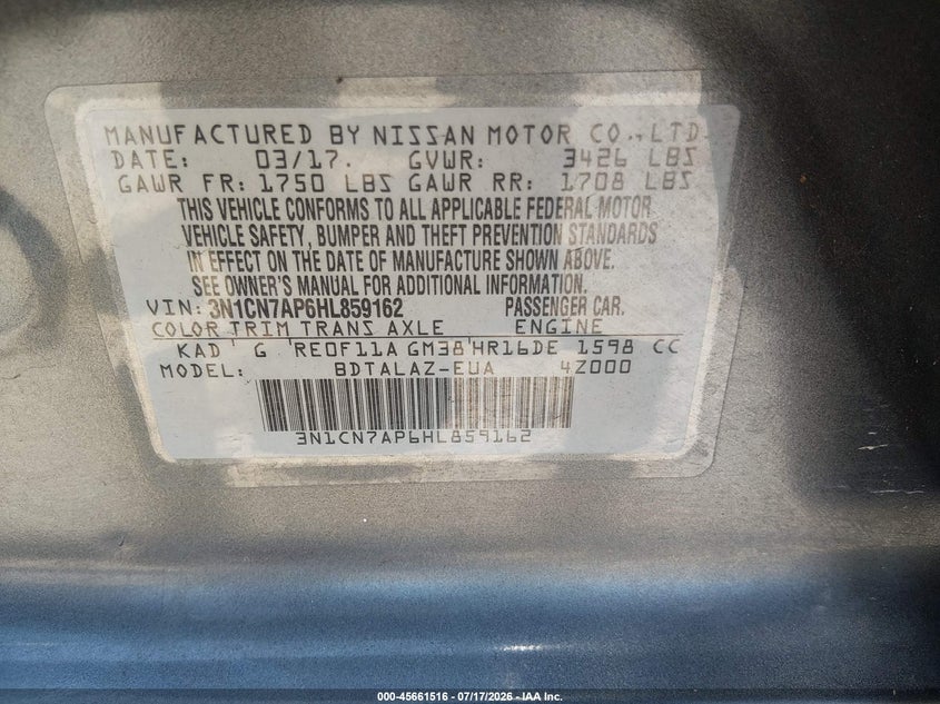 2017 Nissan Versa 1.6 S+ VIN: 3N1CN7AP6HL859162 Lot: 45661516