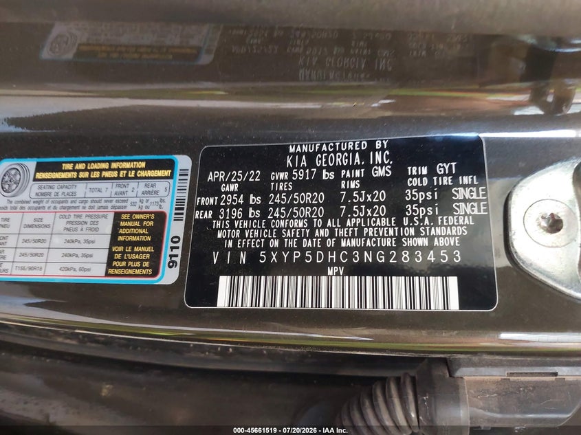 2022 Kia Telluride Sx VIN: 5XYP5DHC3NG283453 Lot: 45661519