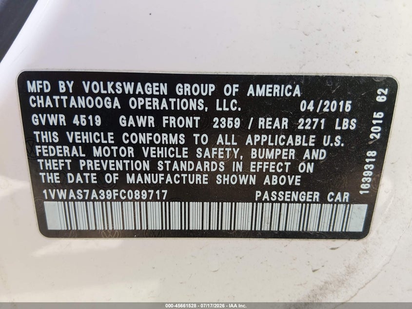 2015 Volkswagen Passat 1.8T Limited Edition VIN: 1VWAS7A39FC089717 Lot: 45661528