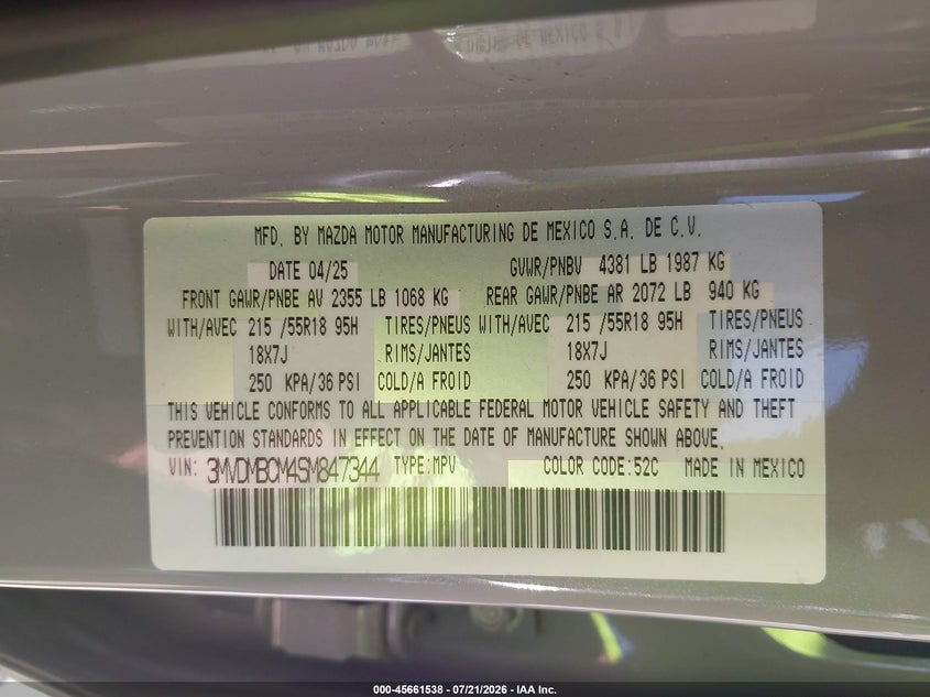 2025 Mazda Cx-30 2.5 S Preferred Package VIN: 3MVDMBCM4SM847344 Lot: 45661538
