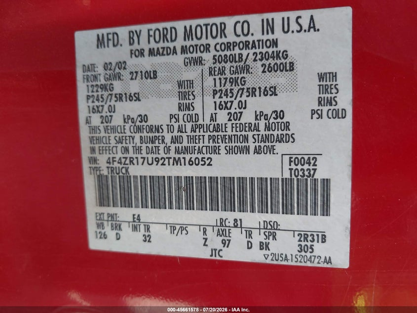 2002 Mazda B3000 VIN: 4F4ZR17U92TM16052 Lot: 45661578