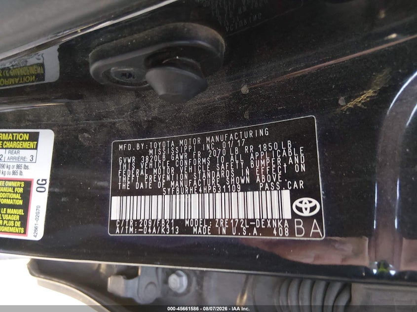 2017 TOYOTA COROLLA SEDAN 1.8L I-4 DOHC, VVT, 132HP