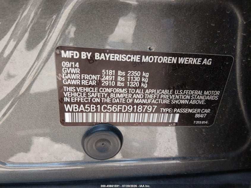 2015 BMW 535I VIN: WBA5B1C56FD918797 Lot: 45661591