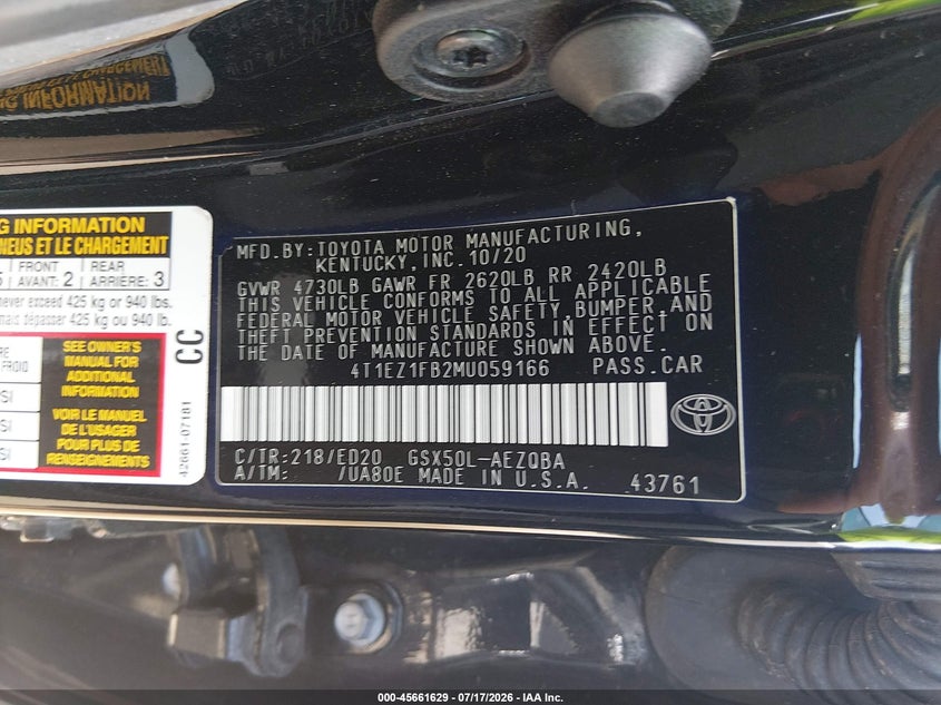 2021 Toyota Avalon Xse Nightshade VIN: 4T1EZ1FB2MU059166 Lot: 45661629