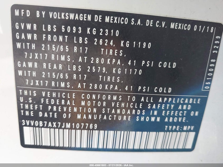 2018 Volkswagen Tiguan 2.0T S VIN: 3VV0B7AX7JM107769 Lot: 45661683