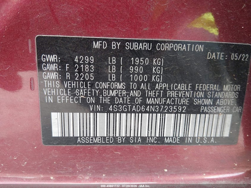 2022 Subaru Impreza Premium 5-Door VIN: 4S3GTAD64N3723592 Lot: 45661722