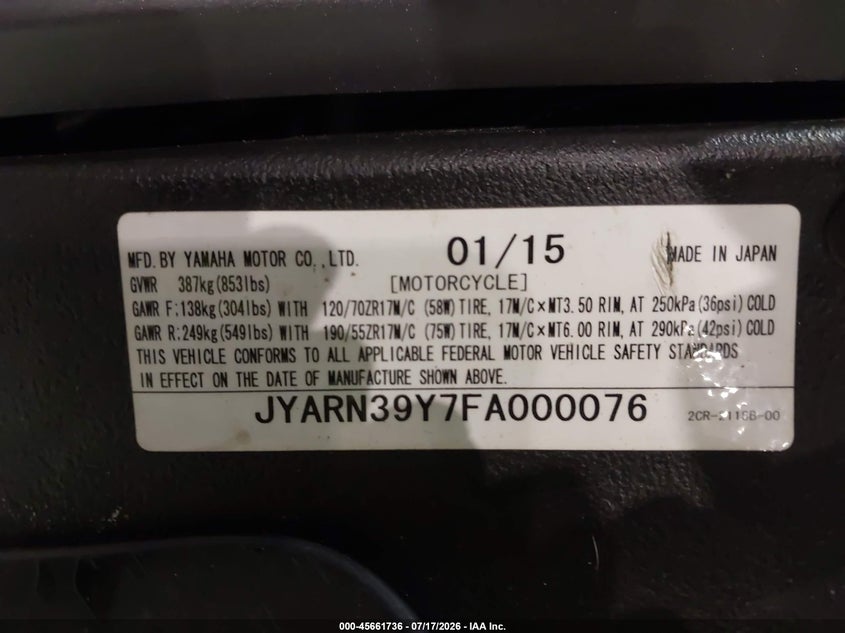 2015 Yamaha Yzfr1 C VIN: JYARN39Y7FA000076 Lot: 45661736