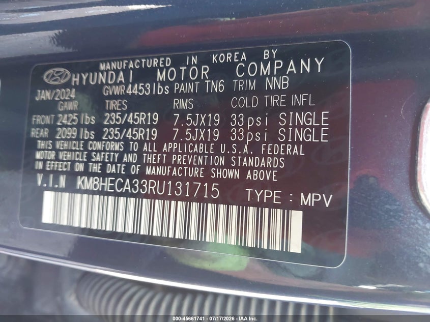 2024 Hyundai Kona Limited VIN: KM8HECA33RU131715 Lot: 45661741