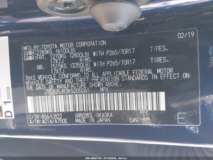 2019 Toyota 4Runner Sr5 Premium VIN: JTEZU5JR3K5205061 Lot: 45661744