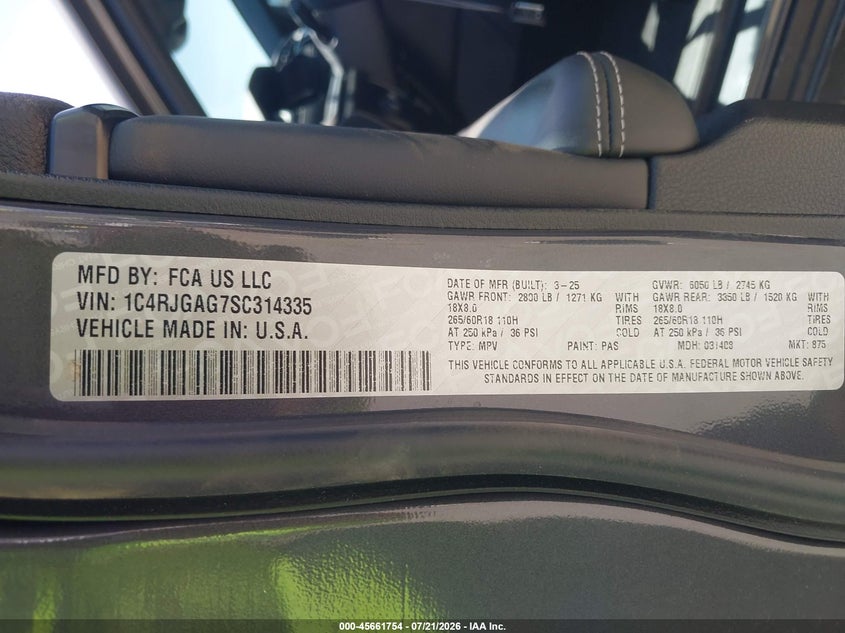 2025 Jeep Grand Cherokee Altitude X 4X2 VIN: 1C4RJGAG7SC314335 Lot: 45661754