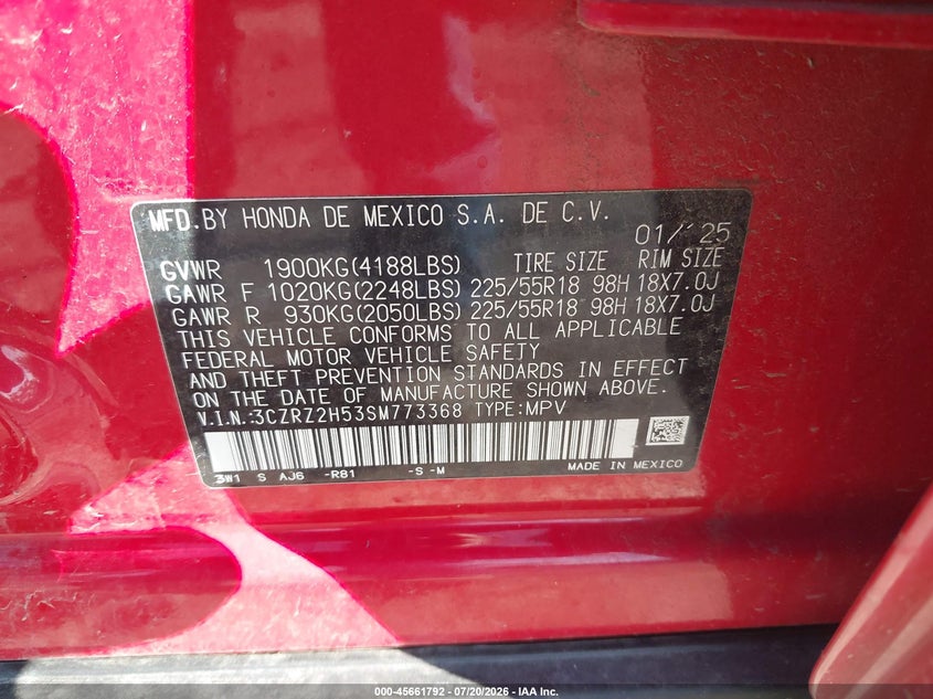 2025 Honda Hr-V Awd Sport VIN: 3CZRZ2H53SM773368 Lot: 45661792