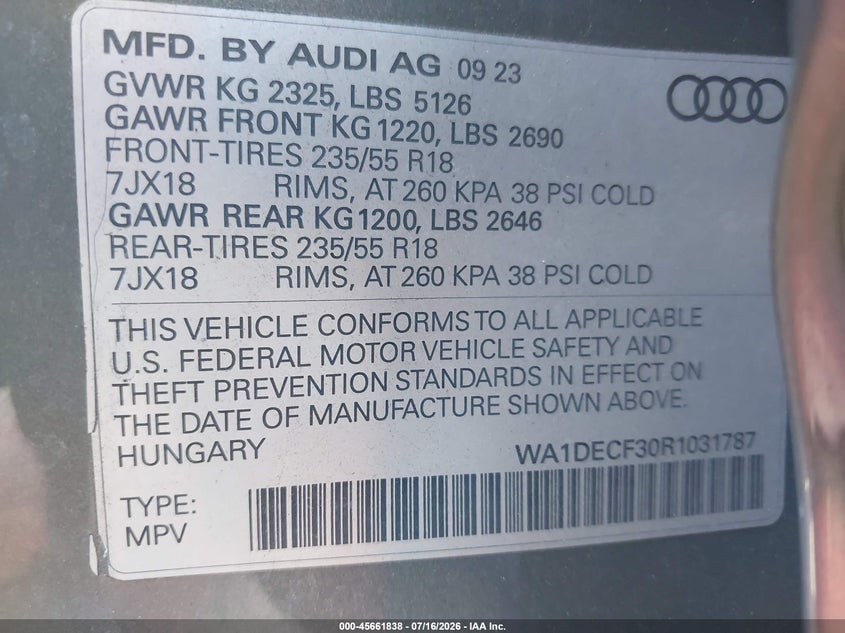 2024 Audi Q3 Premium 45 Tfsi S Line Quattro Tiptronic VIN: WA1DECF30R1031787 Lot: 45661838