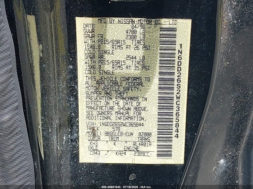 1998 NISSAN NAVARA (FRONTIER) PICKUP 2.4L I-4 DOHC, 143HP