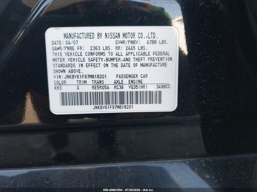 2007 Infiniti G35X VIN: JNKBV61F97M818201 Lot: 45661894