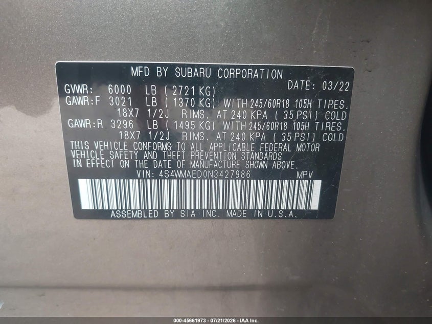 2022 Subaru Ascent Premium VIN: 4S4WMAED0N3427986 Lot: 45661973