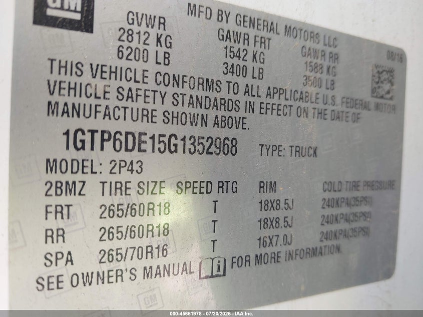 2016 GMC Canyon 4Wd Slt VIN: 1GTP6DE15G1352968 Lot: 45661978